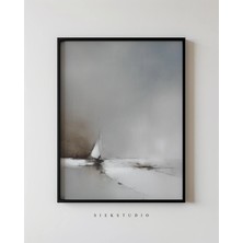 Ninastore Moody Modern Kıyı Yelkenli Tekne Sanatı - Çağdaş Gri Tonlu Minimalist Deniz Manzarası Tablosu -