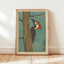 Ninastore Ağaçkakan Ukiyo-E - Japon Tarzı Baskı - Retro Kırmızı Siyah Kuş Sanatı - Turkuaz Ahşap - Baskı