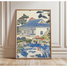 Ninastore Japon Bahçe Evi Posteri | Asya Manzarası Duvar Sanatı | Mavi Beyaz Doğa Baskısı | Zen Bahçesi Sanat
