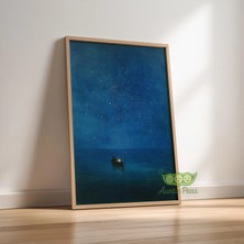 Ninastore Çerçeveli Gustav Klimt Gece Denizi Baskısı - Yıldızlı Tekne Tablosu - Rüya Gibi Mavi Okyanus Duvar