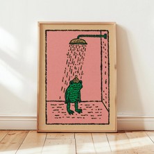 Ninastore Kurbağa Temalı Duş Posteri | Komik Hayvan Duvar Sanatı Baskısı | Sıradışı Banyo Illüstrasyonu |