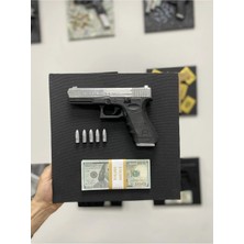 Oko Design 3D Dekoratif Tablo – Glock-19 Gümüş, Mermi ve Para Banknotu