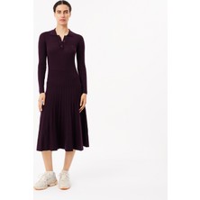 Lacoste Kadın Uzun Kollu Polo Yaka Yün Bordo Elbise