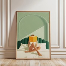 Ninastore Zümrüt Yeşili Kadın Kitap Okuma Baskısı - Yeşil Duvar Sanatı - Kütüphane - Kitap Severler Için