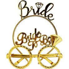 Pileli Store Mey Ithalat® Bride Yazılı Taç ve Bride To Be Yazılı Gözlük Seti Altın Renk