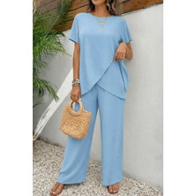 Nidam Butik Kadın Kısa Kollu Bisiklet Yaka Asimetrik Kesim Detaylı Bürümcük Bluz ve Pantolon Ikili Takım