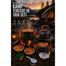 Munico Kamp Tencere Tava Çaydanlık Seti 5 Parça Katlanabilir Hafif Outdoor Kamp Pişirme Seti Fileli