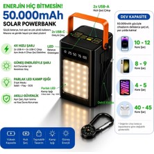 HiboTekno 50.000MAH Solar Powerbank Kamp Lambalı | 4 Çıkışlı Hızlı Şarj | Dahili Kablolu Taşınabilir Şarj Istasyonu | Outdoor, Kamp, Acil Durum Power Bank