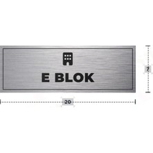 Azresa E Blok Yazılı - Metal - Gümüş Renk - Kapı Isimliği - 20X7 cm