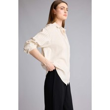 DeFacto Loose Fit Gömlek Yaka Çizgili Keten Karışımlı Uzun Kollu Gömlek E9044AX26SM