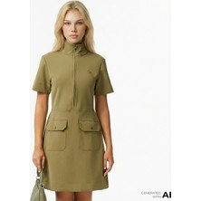 Lacoste Kadın Classic Fit Kısa Kollu Dik Yaka Haki Elbise
