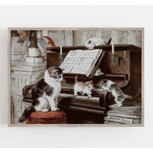 Ninastore Piyanoda Oturan Kediler Temalı Vintage Sanat Baskısı: Soluk Renkler (Baskı)