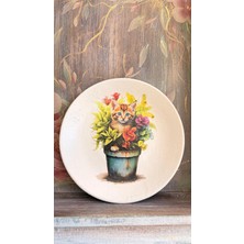Baykuşca Saksıdaki Kedi 18 cm Duvar Tabağı, Dekorasyon, Mutfak, Balkon