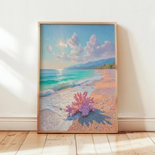 Ninastore Tropikal Plaj Sanat Baskısı - Pembe Mercan Kıyı Duvar Dekoru - Turkuaz Okyanus Manzarası Tablosu -