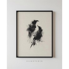 Ninastore Minimalist Karga Duvar Sanatı Baskısı - Siyah Mürekkeple Karga Kuşu Resmi - Gotik Iskandinav Modern