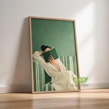 Ninastore Çerçeveli Zümrüt Yeşili Kadın Kitap Okuyor Duvar Sanatı - Rahat Kitap Sever Baskısı - Minimalist