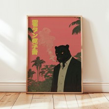 Ninastore Kara Panter Kostümü Sanat Baskısı - Japon Yakuza Posteri - Mercan Pembesi Maksimalist Insan Biçimli