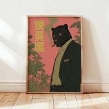Ninastore Kara Panter Kostümü Sanat Baskısı - Japon Yakuza Posteri - Mercan Pembesi Maksimalist Insan Biçimli