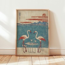 Ninastore Flamingo Illüstrasyonu Sahil Manzarası Japon Tarzı Hayvan Sanatı Vintage Poster Baskı