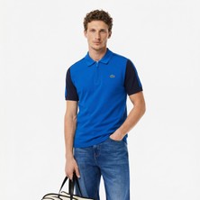 Lacoste Erkek Kısa Kollu Yarım Fermuarlı Renk Bloklu Mavi Triko