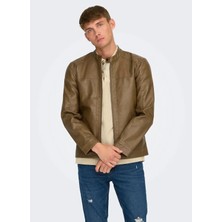 Only & Sons Koyu Kahve Erkek Dik Normal Düz Ceket Onsmıke Pu Racer Jacket Otw Noos