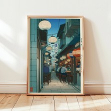 Ninastore Japon Fener Sokağı Sanatı | Gece Sokak Illüstrasyonu | Izakaya Sokak Manzarası Duvar Sanatı |