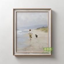 Ninastore Vintage Çocuk ve Köpek Plaj Duvar Sanatı - Kıyı Okyanus Manzarası Baskısı - Nostaljik Çocuk Odası