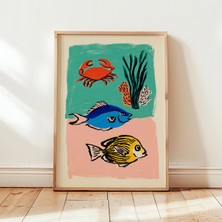 Ninastore Deniz Canlıları Posteri | Renkli Okyanus Duvar Sanatı | Balık Yengeç Mercan Baskısı | Kıyı