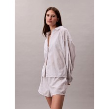 Calvin Klein Beyaz Kadın Standart Çizgili Pijama Üst Cotton Poplın Shırt Regular