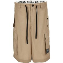 Versace Jeans Couture Bej Erkek Comfort Fit Logo Baskılı Bermuda Şort Easy Pkt