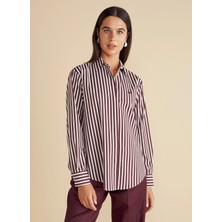 Brooks Brothers Bordo Kadın Regular Fit %100 Pamuk Çizgili Oversize Gömlek