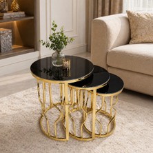 Çelsan Yumurta Model 3’lü Zigon Sehpa Seti – Gold Kıvrımlı Metal Ayaklı – Siyah Cam Yan Sehpa – Yerli Üretim