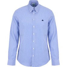 Brooks Brothers Mavi-Beyaz Erkek Düğmeli Slim Fit Çizgili Gömlek BBSS26MSH011