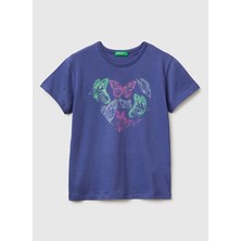 United Colors Of Benetton Koyu Lacivert Kız Çocuk Baskılı T-Shirt 3096C10SG