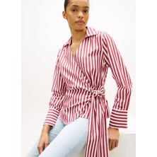 Tommy Hilfiger Kırmızı - Beyaz Kadın Çizgili Gömlek Poplın Knot Blouse Wıth Ls