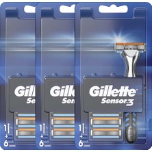 Gillette Sensor3 Tıraş Makinesi + Yedek Tıraş Bıçağı 6'lı x 3 Adet Hassas Cilt Dostu Özelliklerle