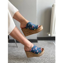 Asmi Shoes Kadın Limo Mavi Kot Dolgulu Mantar Taban Terlik 10 cm  Mavi
