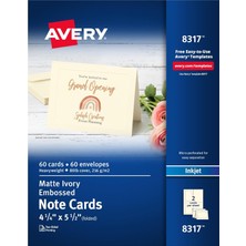 Avery 8317 Kabartmalı Not Kartları, Inkjet, 4 1/4 x 5 1/2, Mat Fildişi (60'lı Paket, Zarflı)