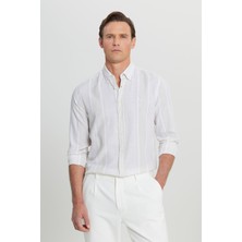 Altınyıldız Classics Erkek Bej-Ekru Pamuklu Keten Slim Fit Dar Kesim Düğmeli Yaka Çizgili Gömlek