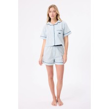 Marısılk™ Seastrıpe Kadın Yazlık Şortlu Crop Gömlekli Pijama & Lounge Takımı