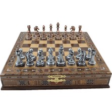 Gift Home Antik El Yapımı Masif Ahşap Sandıklı Klasik Satranç Takımı 38 x 38 cm Metal Taşlar