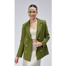 Yeşil Oversize Astarlı Kruvaze Blazer Kadın Ceket