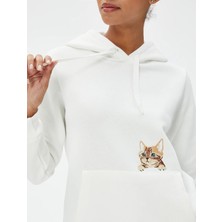 Koton Kapüşonlu Sweatshirt Kanguru Cepli Kedi Nakışlı