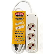 Uravas Store Amiral 3'lü Topraklı 5 Metre Kablolu Grup Priz - Güvenli Uzatma Kablosu