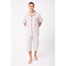 Marısılk™ Seastrıpe Erkek Dokuma Yazlık Kısa Kollu Capri Pantolonlu Pijama & Lounge Takımı