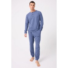 Oceanripple™ Premium Örme Pamuk Uzun Kollu Henley & Uzun Pantolonlu Erkek Pijama Takımı