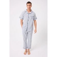 Marısılk™ Seastrıpe Erkek Dokuma Yazlık Kısa Kollu Pantolonlu Pijama & Lounge Takımı
