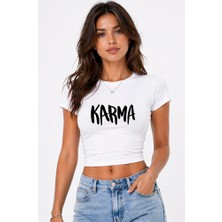 Nevermind Kadın Baby Tee Crop Tişört Karma Baskılı Slim Fit %100 Pamuk Yazlık Trend Beyaz