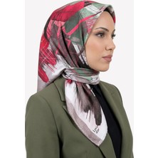 Hadiora Kadın Kahverengi Fuşya Kırmızı Soyut Desenli Kristal Eşarp