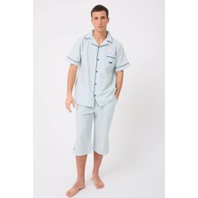 Marısılk™ Seastrıpe Erkek Dokuma Yazlık Kısa Kollu Capri Pantolonlu Pijama & Lounge Takımı